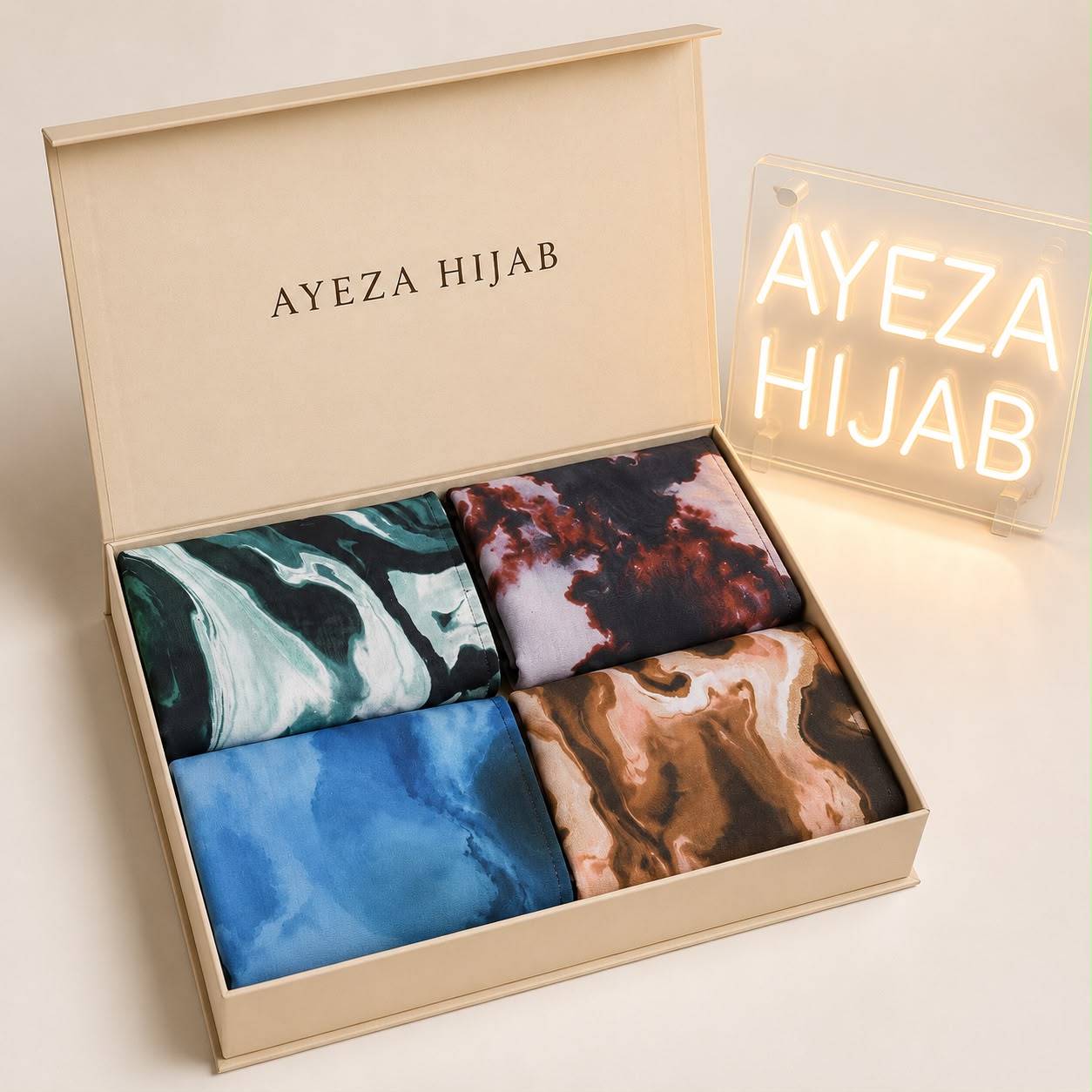 Marble Print Hijab Gift Hamper – Pack of 4 Premium Printed Hijabs