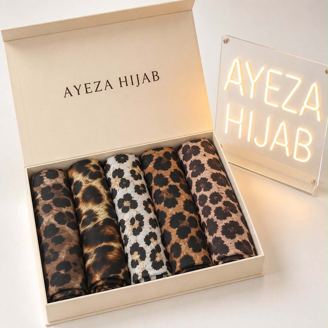 Premium Tiger & Leopard Print Hijab Gift Hamper Box – Pack of 5 Premium Printed Hijabs