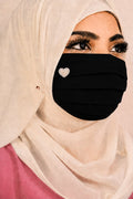 Elegant Pleated Black Face Mask with Pearl Heart Brooch | Modest Face Cover