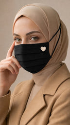 Elegant Pleated Black Face Mask with Pearl Heart Brooch | Modest Face Cover
