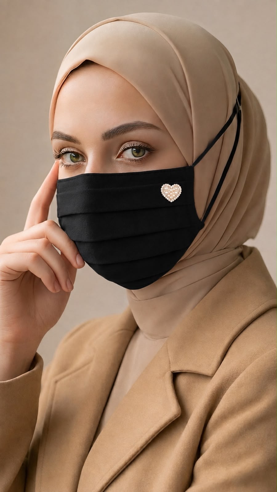 Elegant Pleated Black Face Mask with Pearl Heart Brooch | Modest Face Cover