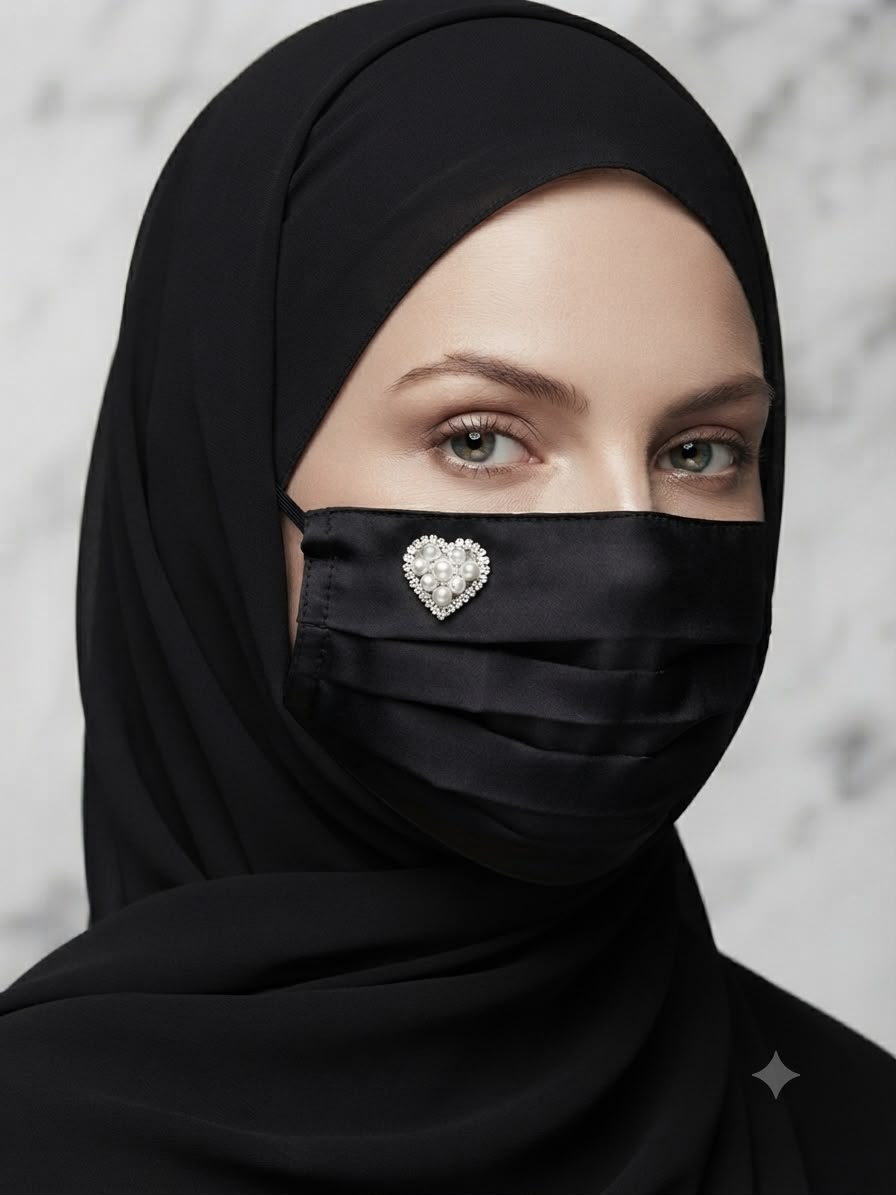 Elegant Pleated Black Face Mask with Pearl Heart Brooch | Modest Face Cover