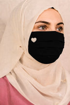 Elegant Pleated Black Face Mask with Pearl Heart Brooch | Modest Face Cover