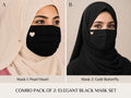 Women’s Elegant Black Pleated Hijab Face Mask Combo Pack of 2 with Pearl Heart and Gold Butterfly Brooch