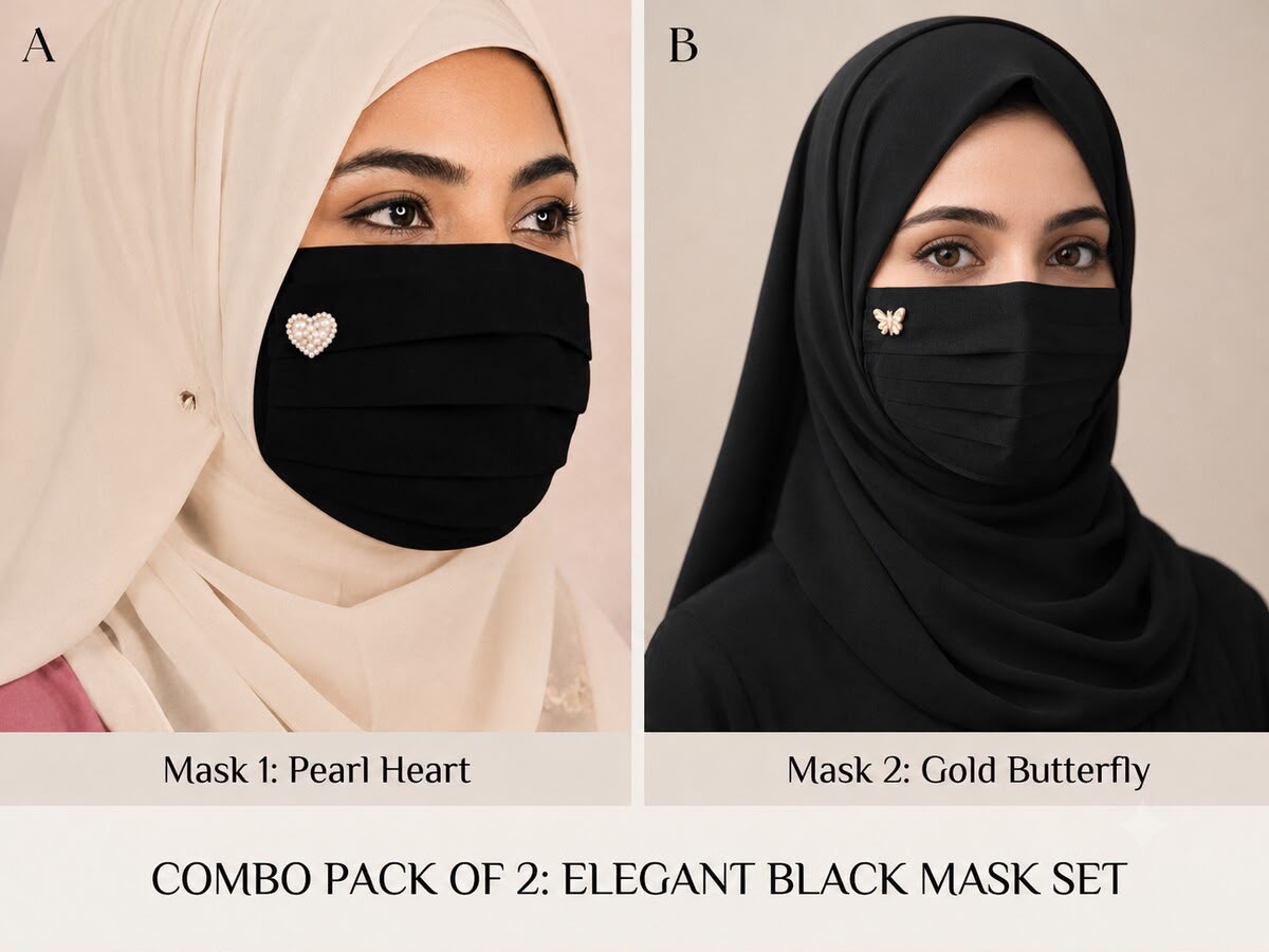 Women’s Elegant Black Pleated Hijab Face Mask Combo Pack of 2 with Pearl Heart and Gold Butterfly Brooch