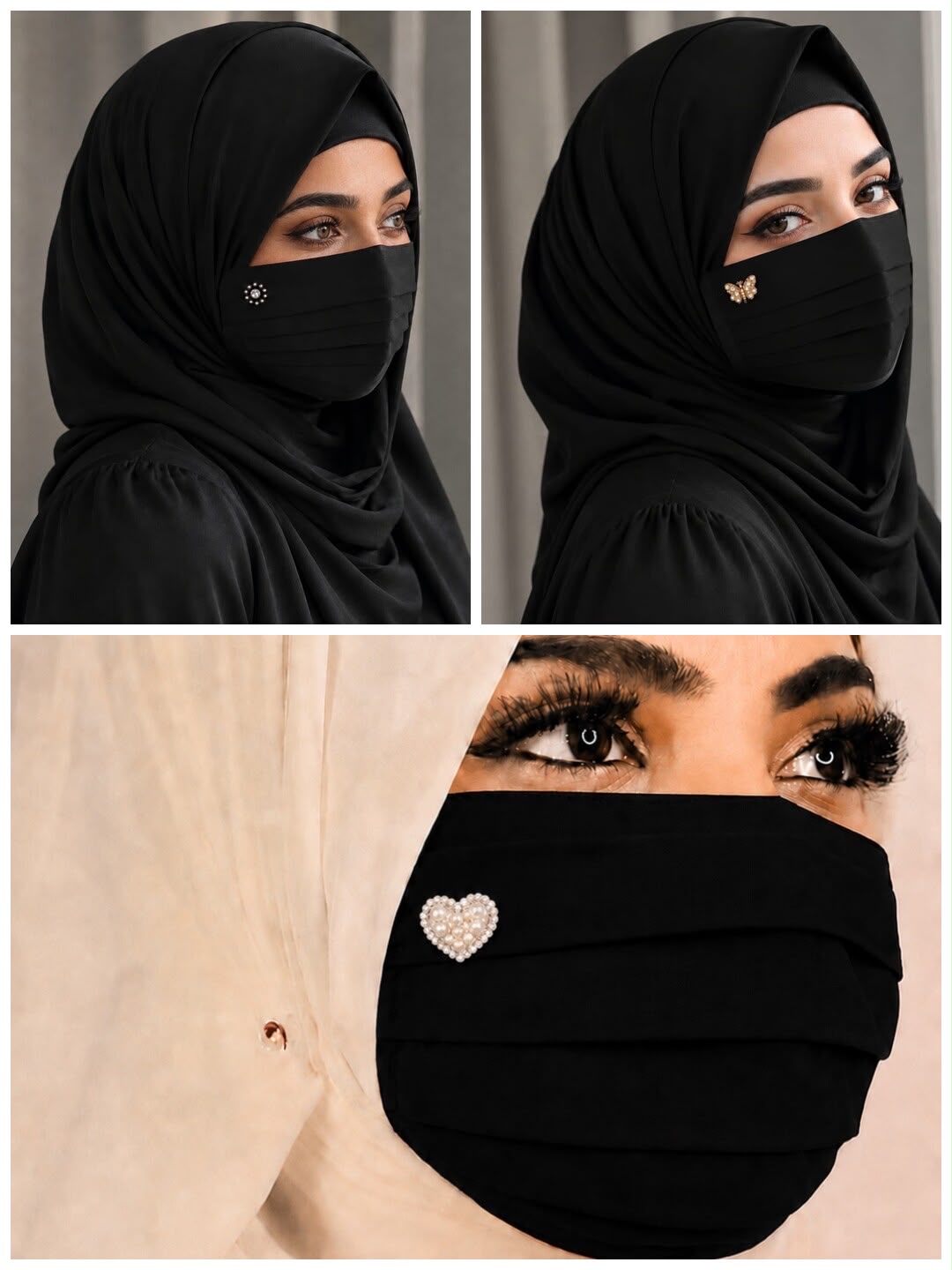 Combo Pack of 3: Designer Black Chiffon Face Masks with Crystal, Butterfly, and Pearl Heart Brooches