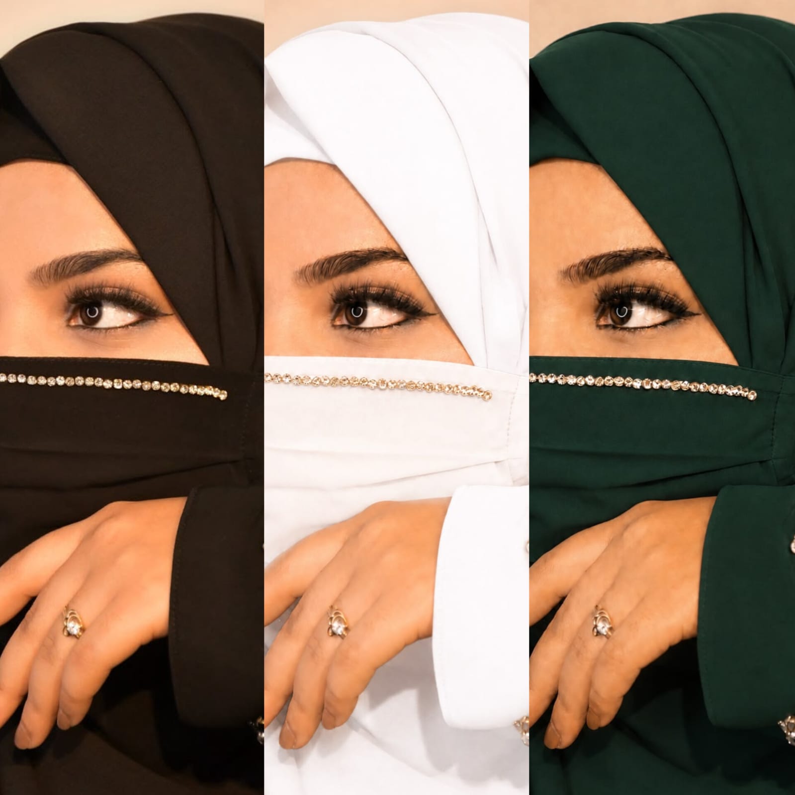 Diamond Handwork Premium Hijab Friendly Mask black white green