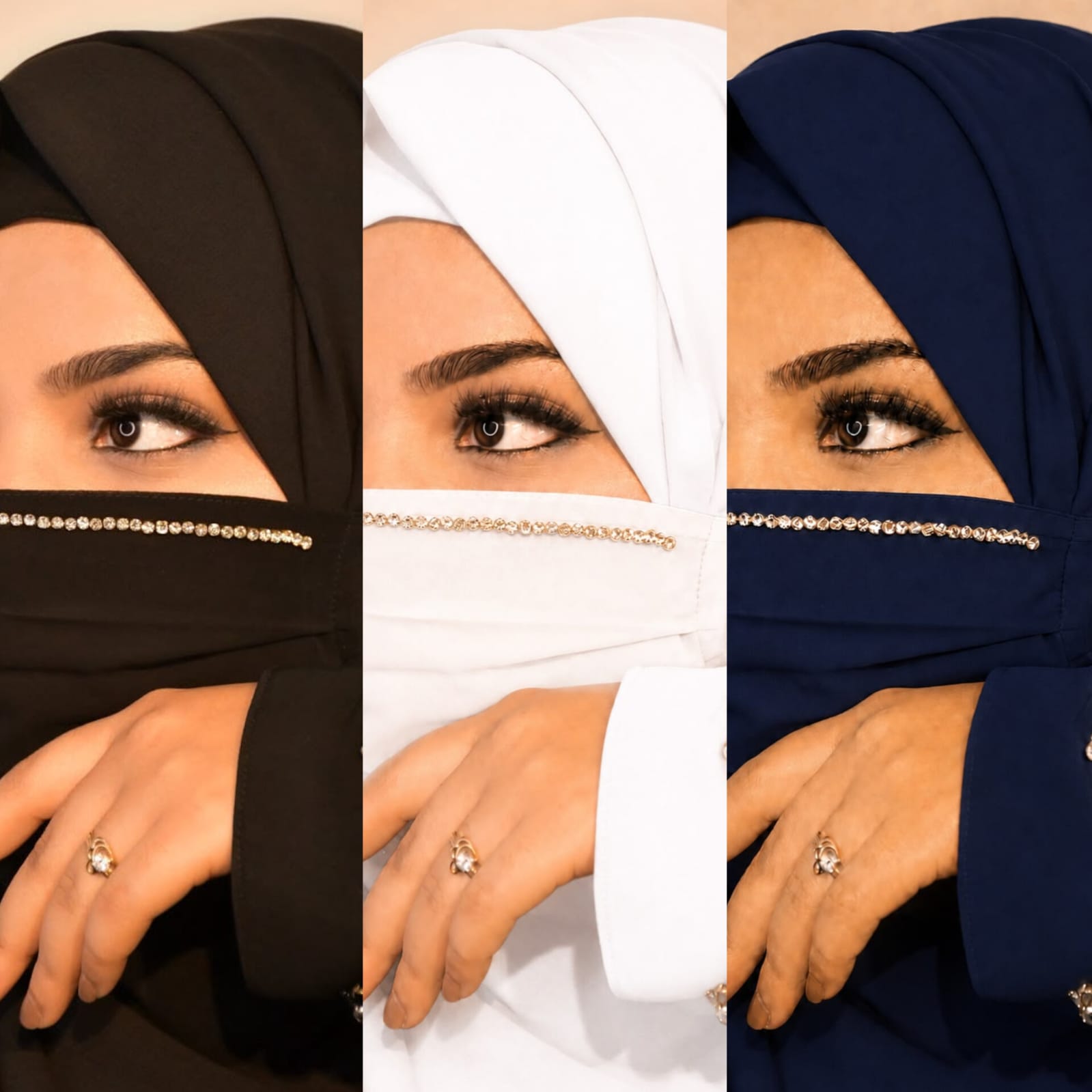 Diamond Handwork Premium Hijab Friendly Mask black white blue