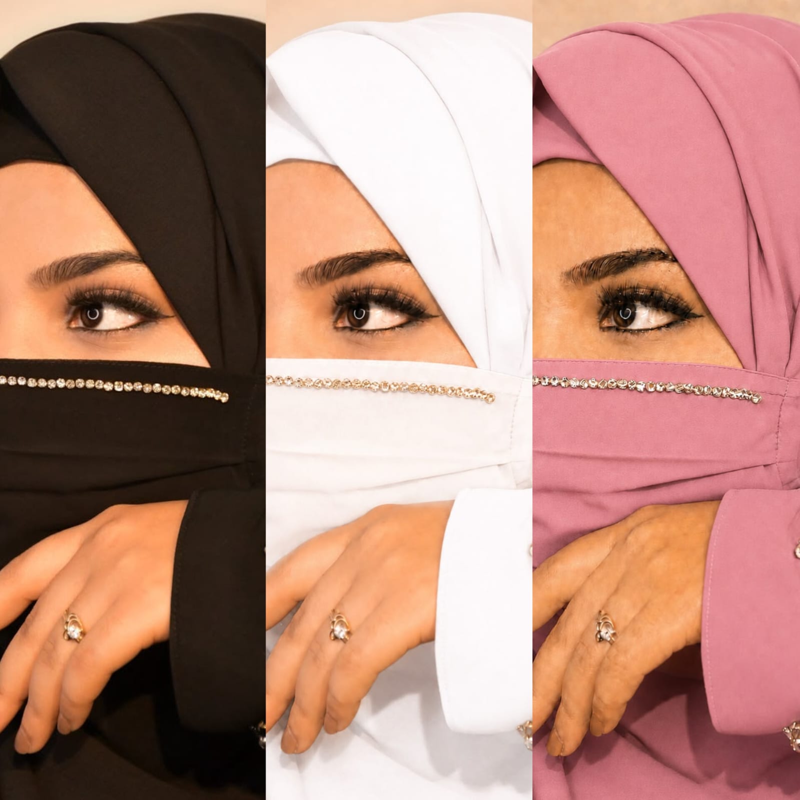 Diamond Handwork Premium Hijab Friendly Mask black pink white