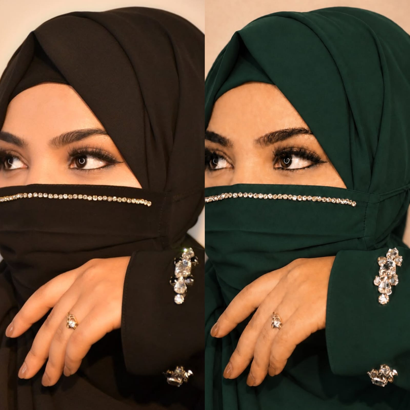 Diamond Handwork Premium Hijab Friendly Mask black green
