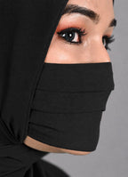 Premium Plain Jet Black Pleated Chiffon Face Mask for Women with Adjustable Elastic Stopper – Lightweight, Breathable, Reusable & Washable Naqab Face Cover for Hijab