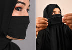 Premium Plain Jet Black Pleated Chiffon Face Mask for Women with Adjustable Elastic Stopper – Lightweight, Breathable, Reusable & Washable Naqab Face Cover for Hijab