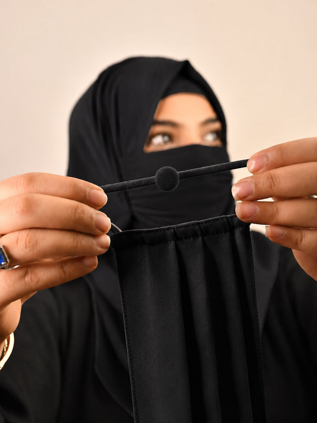 Premium Plain Jet Black Pleated Chiffon Face Mask for Women with Adjustable Elastic Stopper – Lightweight, Breathable, Reusable & Washable Naqab Face Cover for Hijab