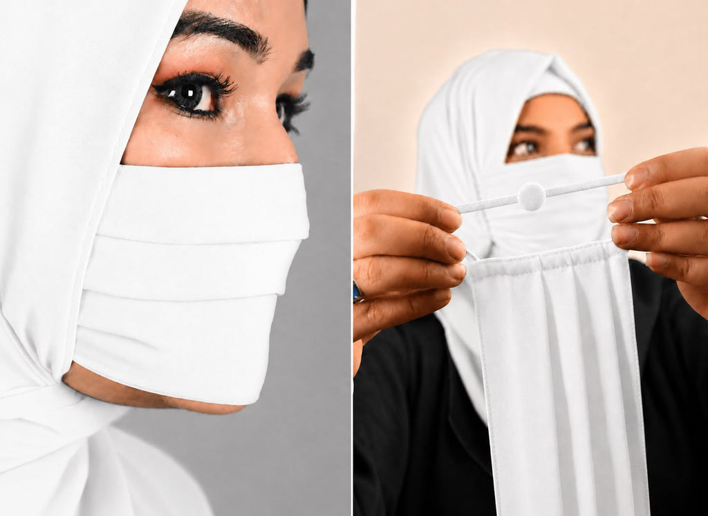 Premium Plain white Pleated Chiffon Face Mask for Women with Adjustable Elastic Stopper – Lightweight, Breathable, Reusable & Washable Naqab Face Cover for Hijab, Abaya and Burkha