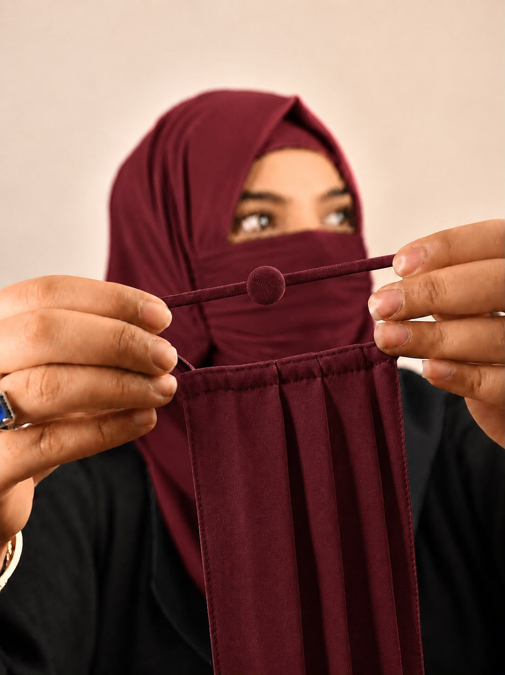 Premium Plain maroon Pleated Chiffon Face Mask for Women with Adjustable Elastic Stopper – Lightweight, Breathable, Reusable & Washable Naqab Face Cover for Hijab, Abaya and Burkha