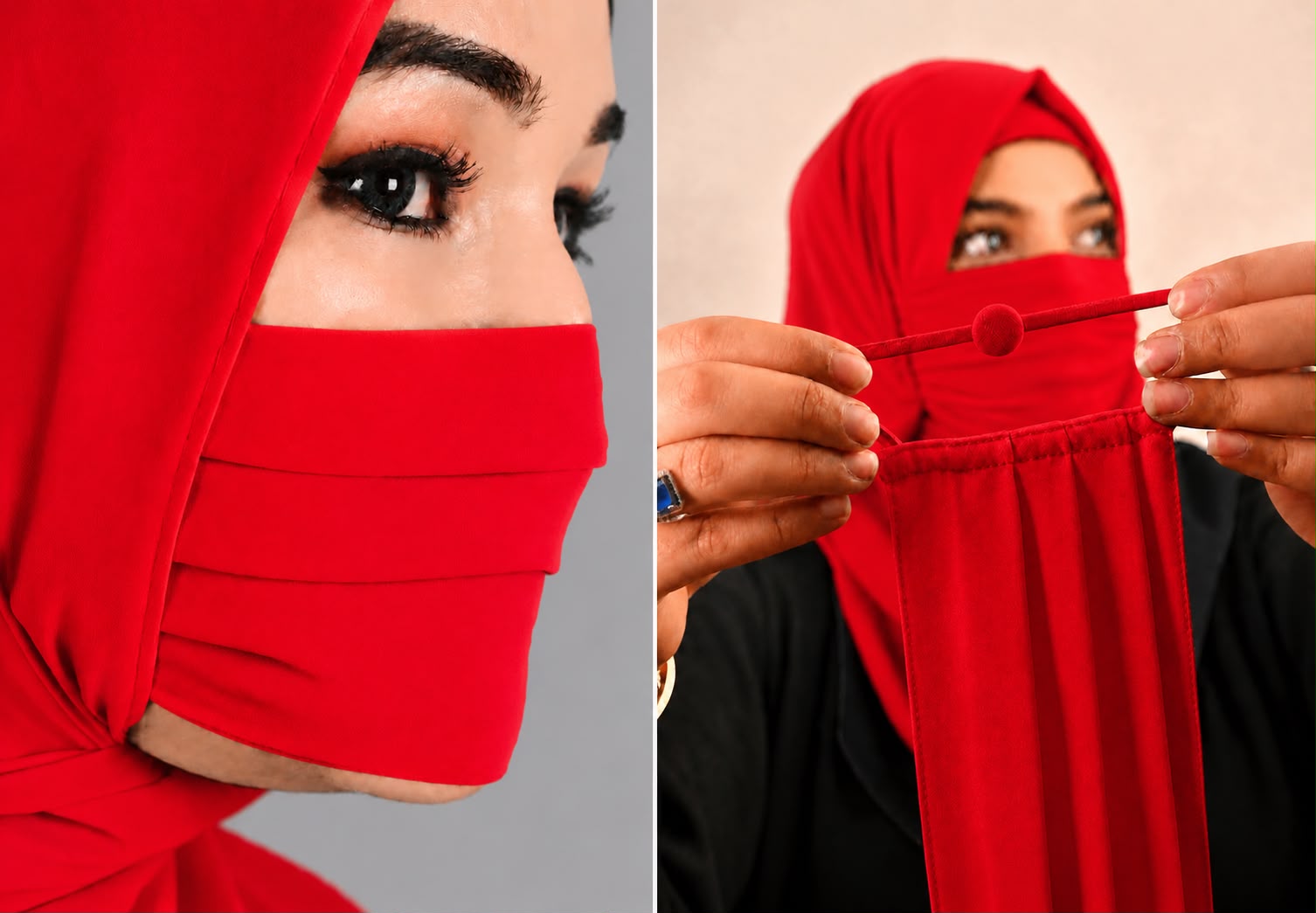 Premium Plain Red Pleated Chiffon Face Mask for Women with Adjustable Elastic Stopper – Lightweight, Breathable, Reusable & Washable Naqab Face Cover for Hijab, Abaya and Burkha