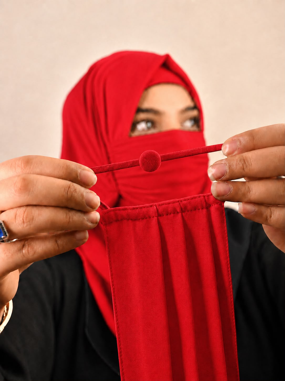 Premium Plain Red Pleated Chiffon Face Mask for Women with Adjustable Elastic Stopper – Lightweight, Breathable, Reusable & Washable Naqab Face Cover for Hijab, Abaya and Burkha