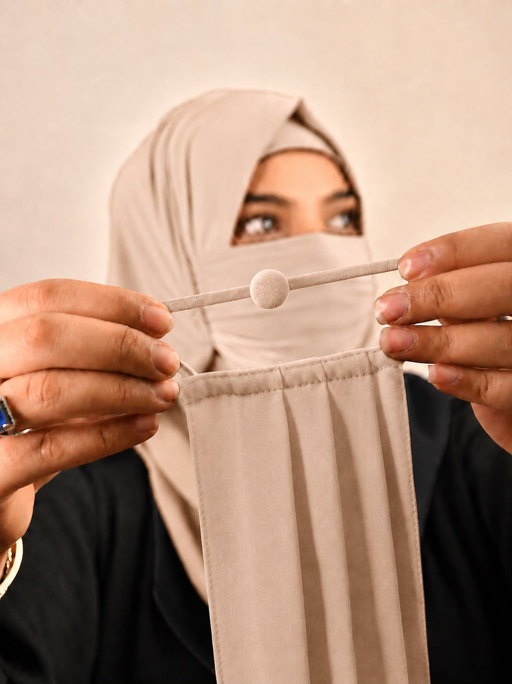 Premium Plain beige Pleated Chiffon Face Mask for Women with Adjustable Elastic Stopper – Lightweight, Breathable, Reusable & Washable Naqab Face Cover for Hijab, Abaya and Burkha
