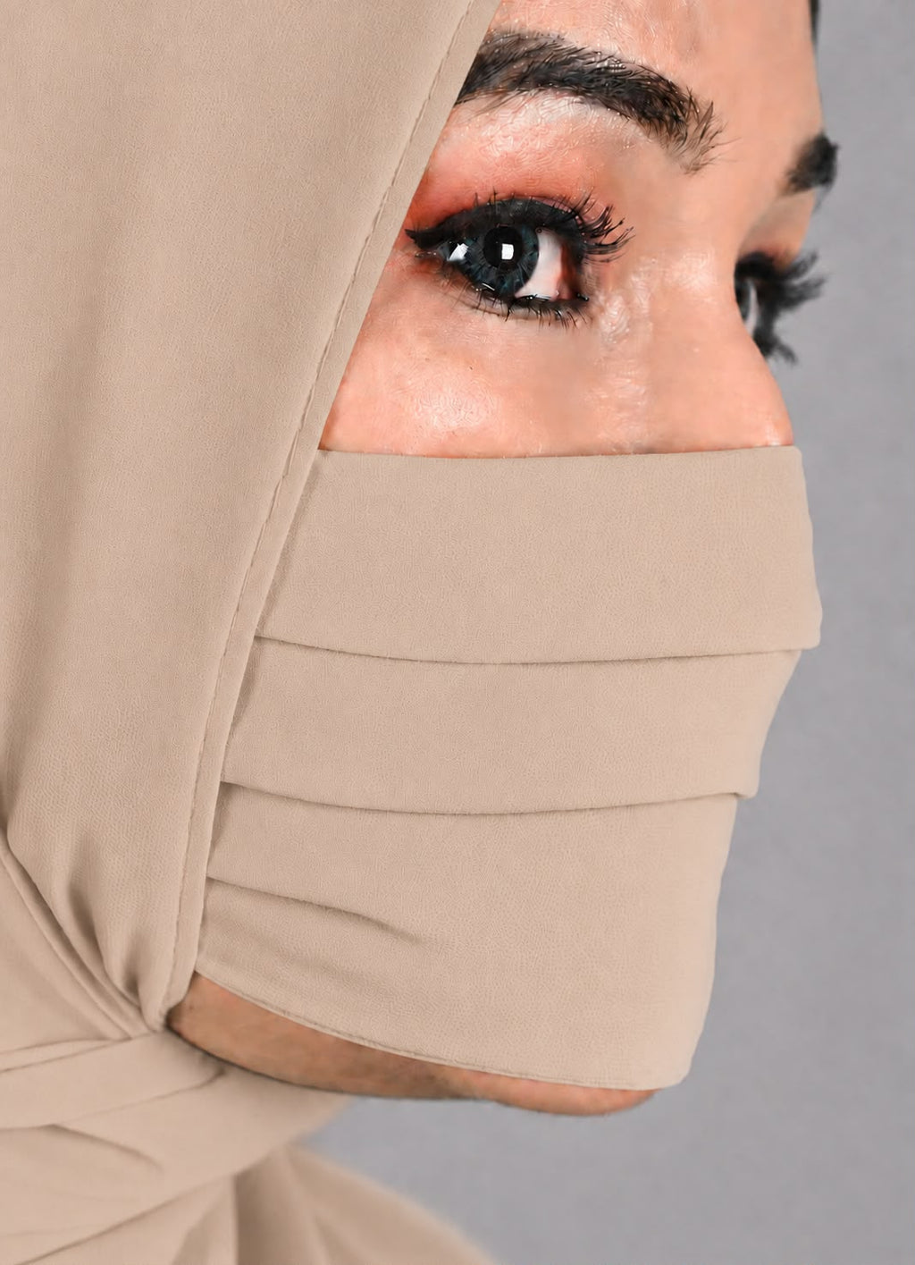 Premium Plain beige Pleated Chiffon Face Mask for Women with Adjustable Elastic Stopper – Lightweight, Breathable, Reusable & Washable Naqab Face Cover for Hijab, Abaya and Burkha