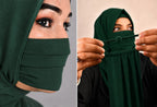Premium Plain bottle green Pleated Chiffon Face Mask for Women with Adjustable Elastic Stopper – Lightweight, Breathable, Reusable & Washable Naqab Face Cover for Hijab, Abaya and Burkha