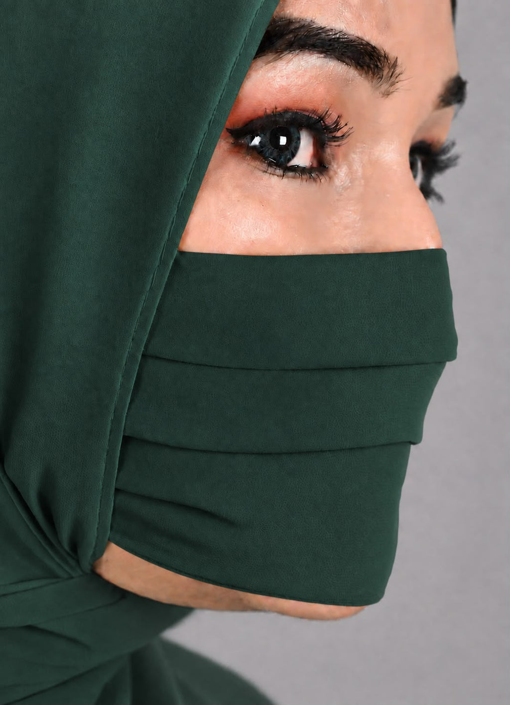 Premium Plain bottle green Pleated Chiffon Face Mask for Women with Adjustable Elastic Stopper – Lightweight, Breathable, Reusable & Washable Naqab Face Cover for Hijab, Abaya and Burkha