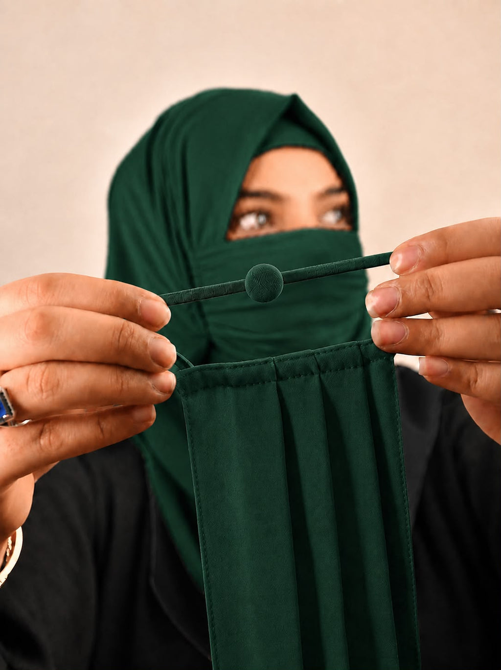 Premium Plain bottle green Pleated Chiffon Face Mask for Women with Adjustable Elastic Stopper – Lightweight, Breathable, Reusable & Washable Naqab Face Cover for Hijab, Abaya and Burkha