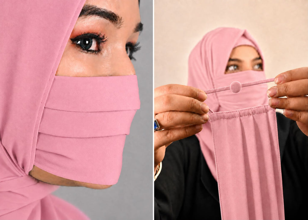 Premium Plain pink Pleated Chiffon Face Mask for Women with Adjustable Elastic Stopper – Lightweight, Breathable, Reusable & Washable Naqab Face Cover for Hijab, Abaya and Burkha