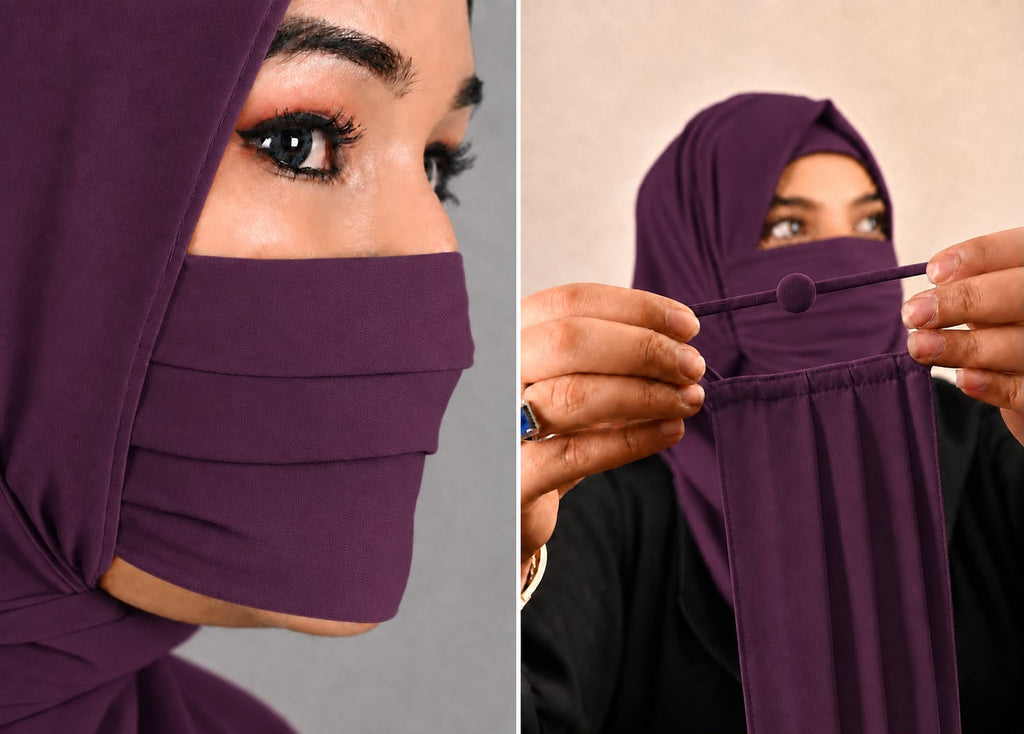 Premium Plain purple Pleated Chiffon Face Mask for Women with Adjustable Elastic Stopper – Lightweight, Breathable, Reusable & Washable Naqab Face Cover for Hijab, Abaya and Burkha