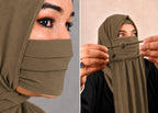 Premium Plain mehndi Pleated Chiffon Face Mask for Women with Adjustable Elastic Stopper – Lightweight, Breathable, Reusable & Washable Naqab Face Cover for Hijab, Abaya and Burkha