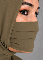 Premium Plain mehndi Pleated Chiffon Face Mask for Women with Adjustable Elastic Stopper – Lightweight, Breathable, Reusable & Washable Naqab Face Cover for Hijab, Abaya and Burkha