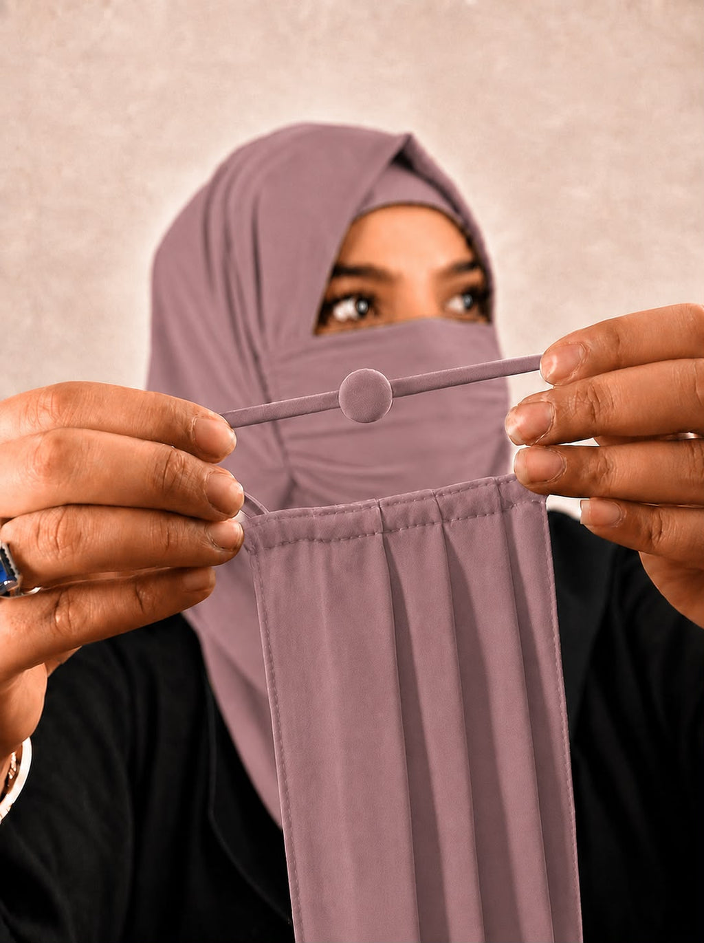 Premium Plain dusty mauva Pleated Chiffon Face Mask for Women with Adjustable Elastic Stopper – Lightweight, Breathable, Reusable & Washable Naqab Face Cover for Hijab, Abaya and Burkha