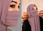 Premium Plain dusty mauva Pleated Chiffon Face Mask for Women with Adjustable Elastic Stopper – Lightweight, Breathable, Reusable & Washable Naqab Face Cover for Hijab, Abaya and Burkha