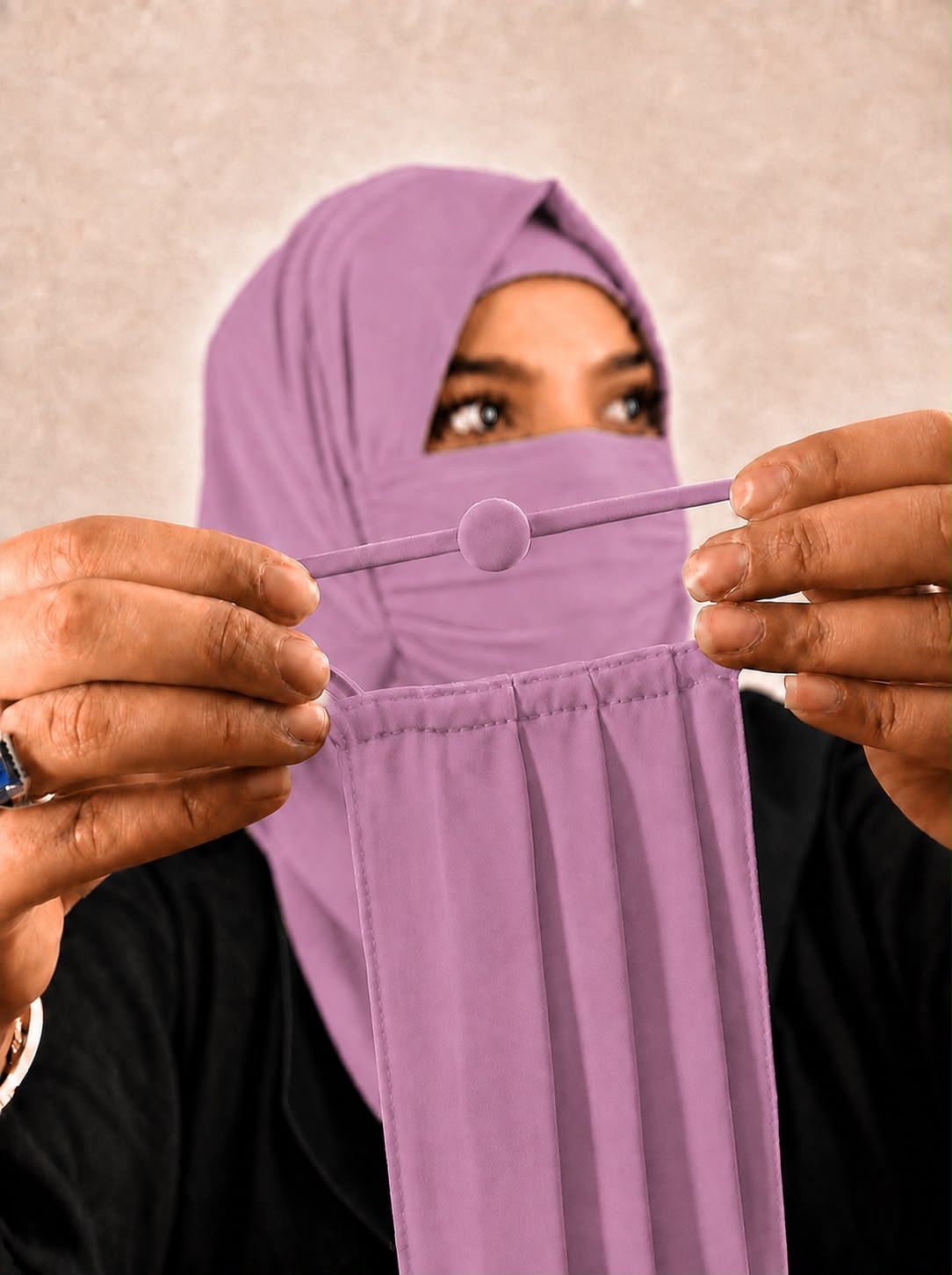 Premium purple Pleated Chiffon Face Mask for Women with Adjustable Elastic Stopper – Lightweight, Breathable, Reusable & Washable Naqab Face Cover for Hijab, Abaya and Burkha