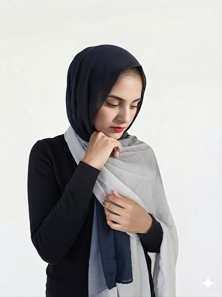 Ombre Chiffon Hijab Navy Blue & Light Grey Gradient Scarf for Women