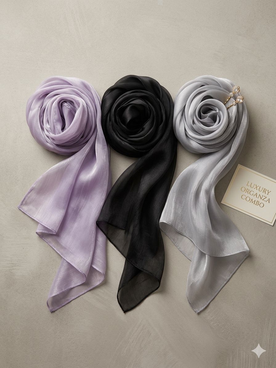 Premium Organza Hijab Combo Set of 3 (Lavender, Black, & Silver Gray)