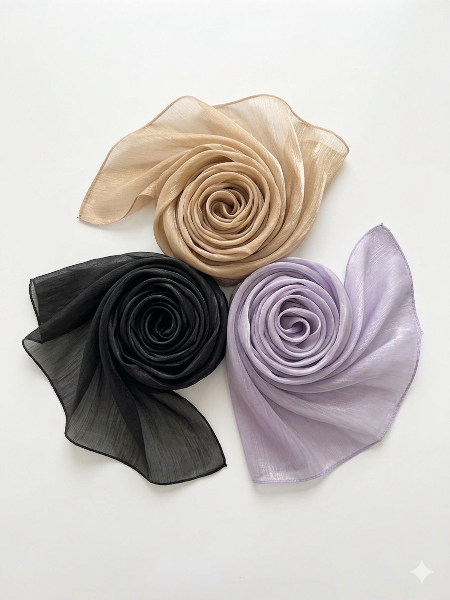 Premium Organza Hijab Combo Set of 3 (Nude Beige, Classic Black, & Pastel Lavender)