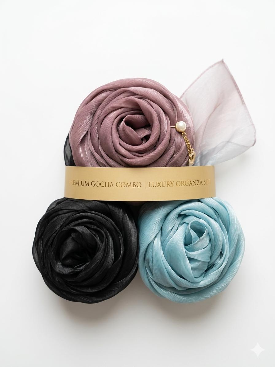 Premium Organza Shimmer Gocha Hijab Combo Set of 3