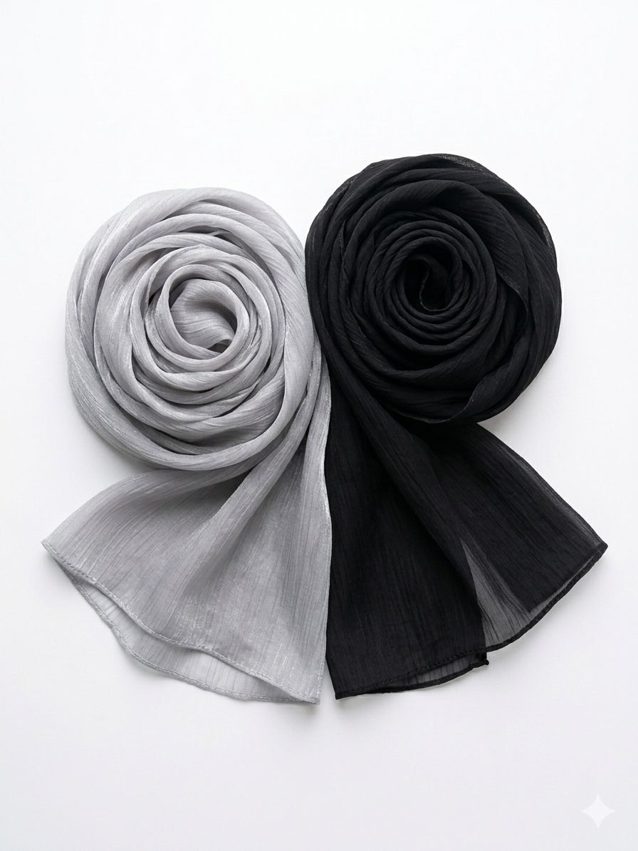 Premium Metallic Shimmer Hijab Combo - Black & Silver Gray (Pack of 2)