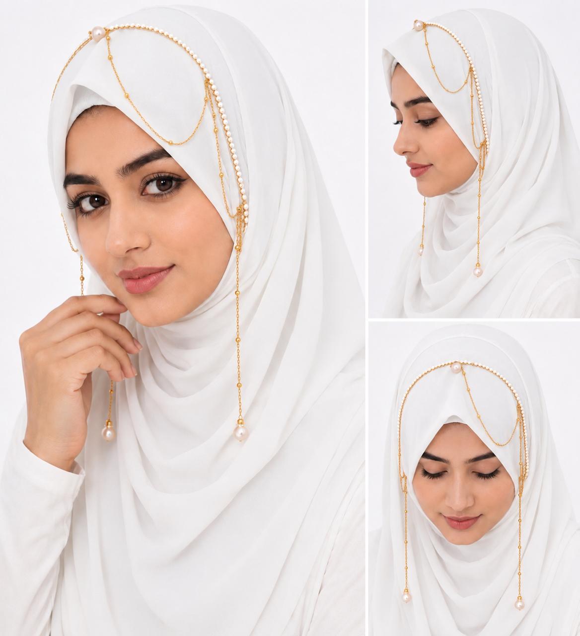 Premium White Pearl Chain Hijab | Designer Chiffon Hijab with Pearl & Gold Chain Work