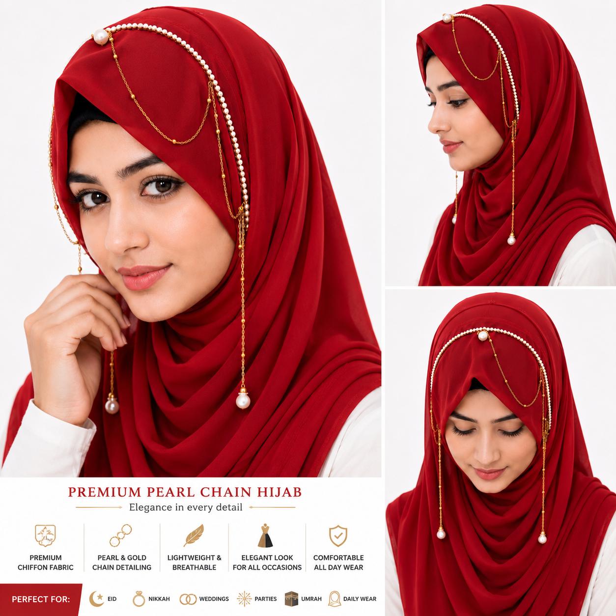 Premium Red Pearl Chain Hijab | Designer Chiffon Hijab with Pearl & Gold Chain Detailing