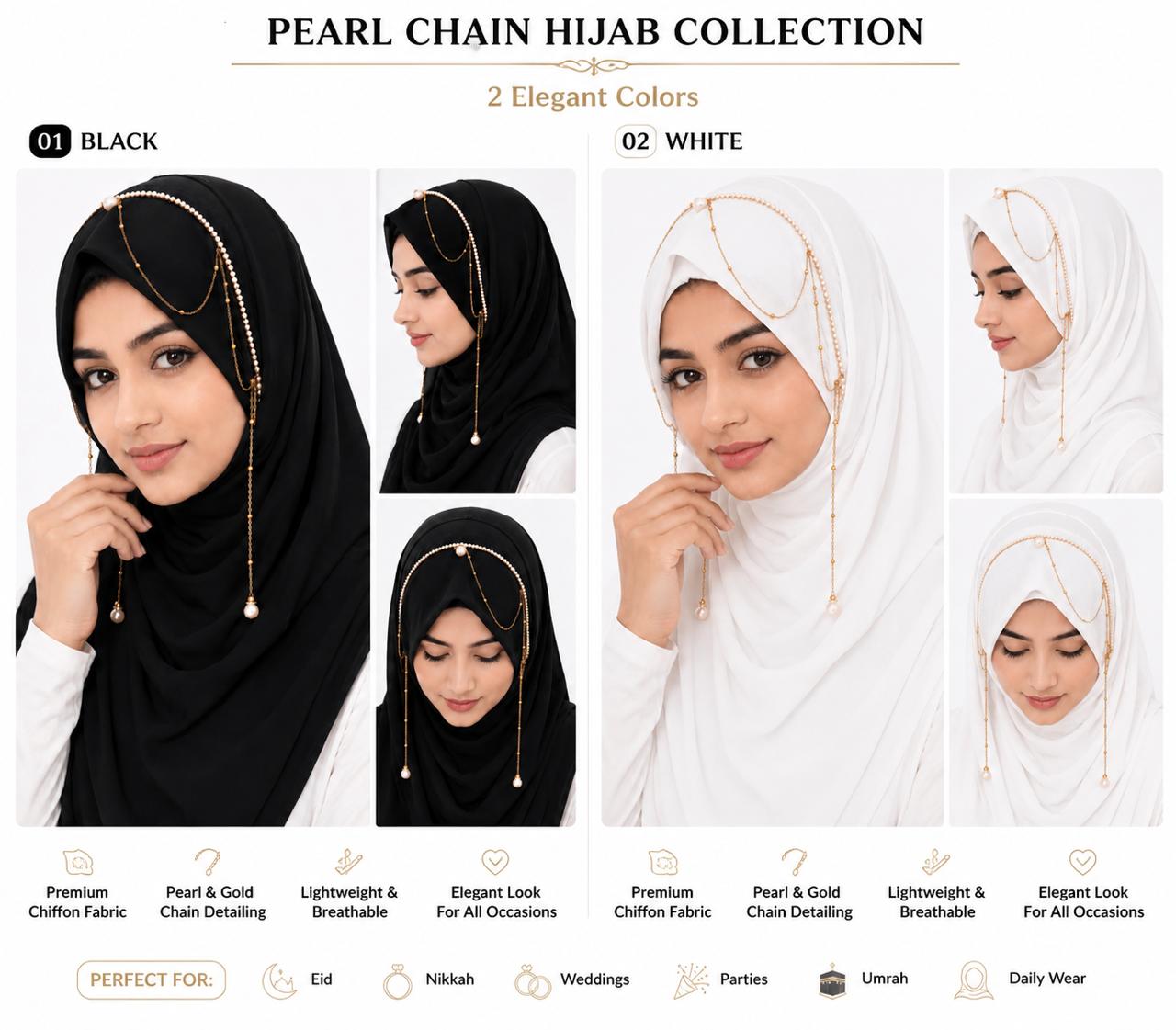 Premium Pearl Chain Hijab Combo Pack of 2 (Black & White) | Designer Chiffon Hijab Collection