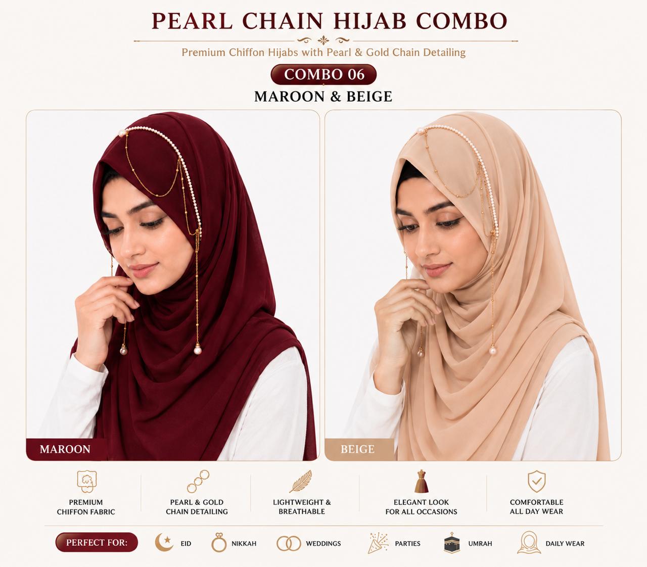 Premium Pearl Chain Hijab Combo Pack of 2 (Maroon & Beige) | Designer Chiffon Hijab Set