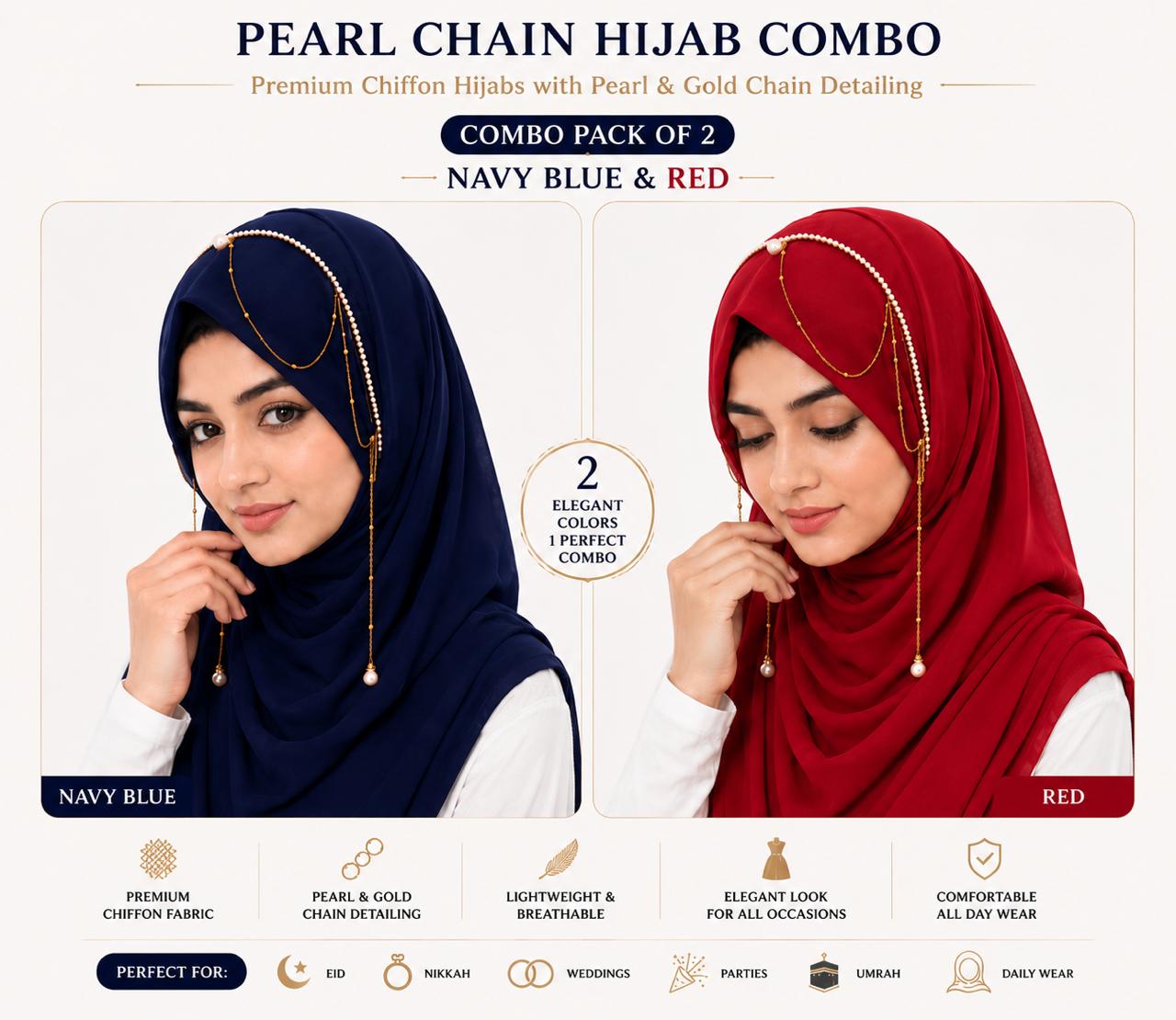 Premium Pearl Chain Hijab Combo Pack of 2 (Navy Blue & Red)