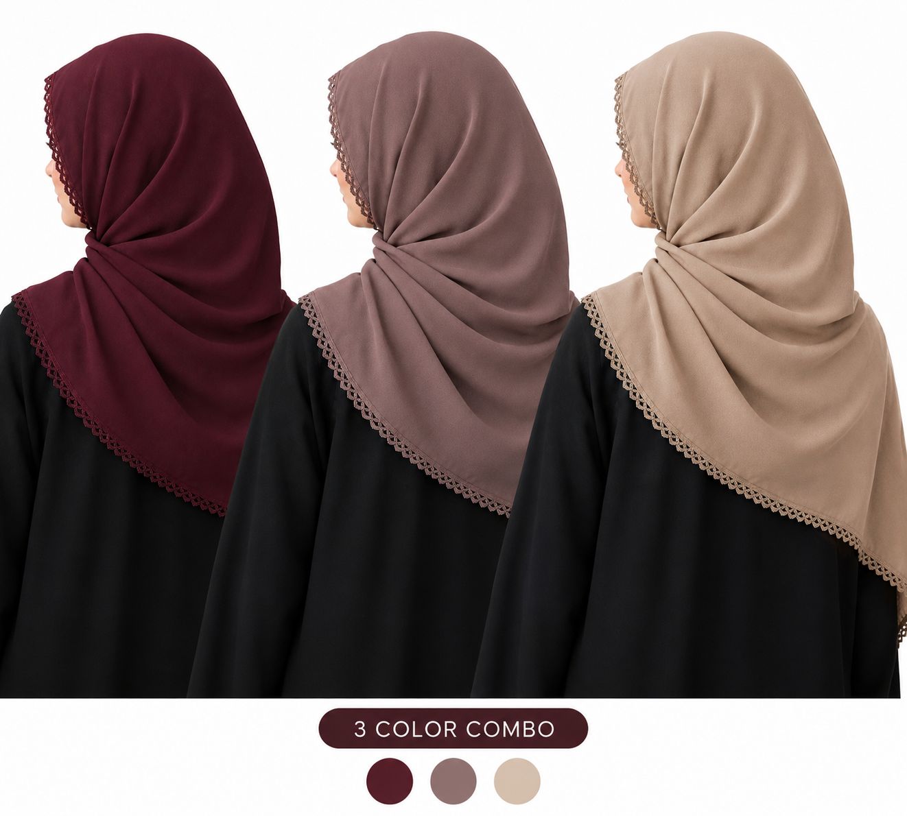 Premium Chiffon Hijab Combo Pack of 3 with Crocheted Lace Border - Maroon, Mauve & Beige