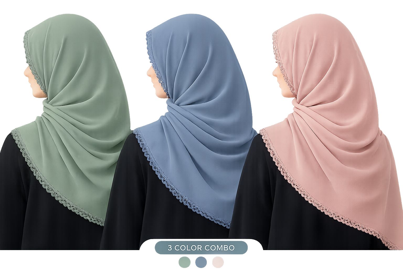 Premium Chiffon Georgette Hijab Pack of 3 with Elegant Crochet Lace Border