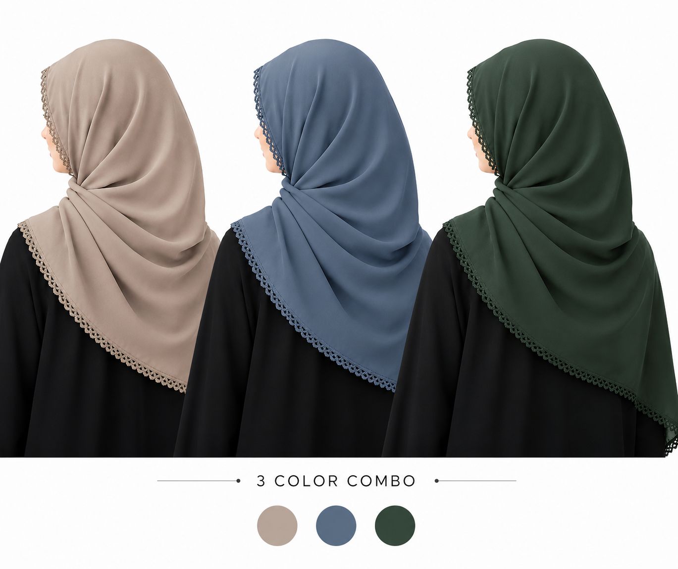 Premium Chiffon Georgette Hijab Pack of 3 with Crochet Lace Border | Lightweight Muslim Headscarf Combo Set