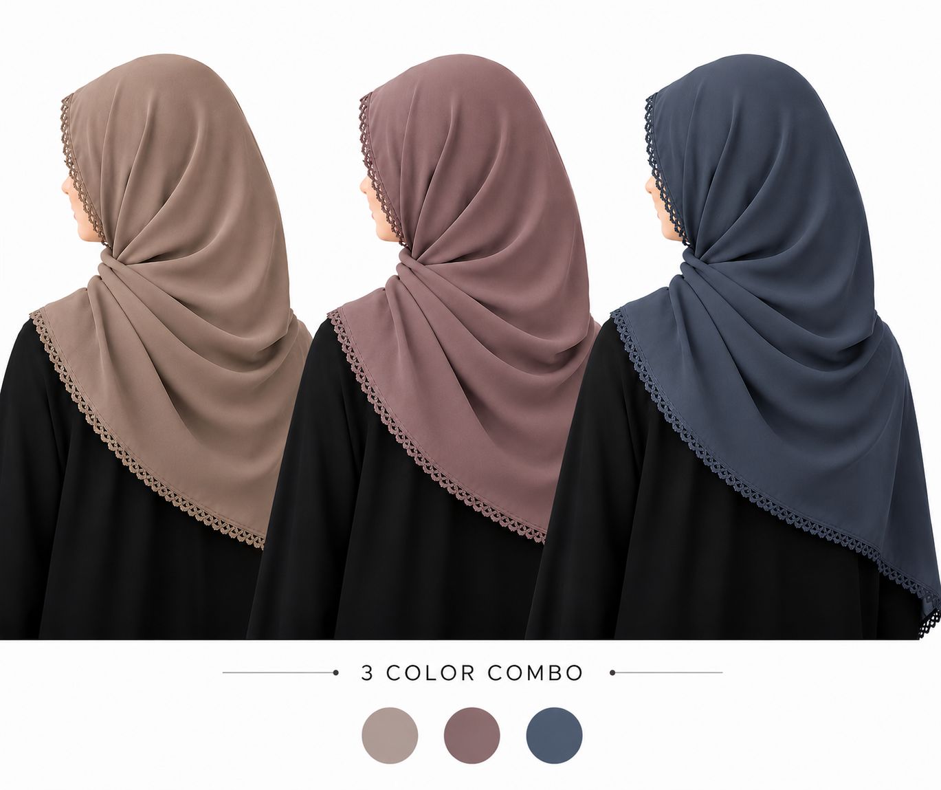Premium Chiffon Georgette Hijab Pack of 3 with Elegant Crochet Lace Border Colors: Taupe/Khaki, Dusty Mauve, Slate Grey/Blue