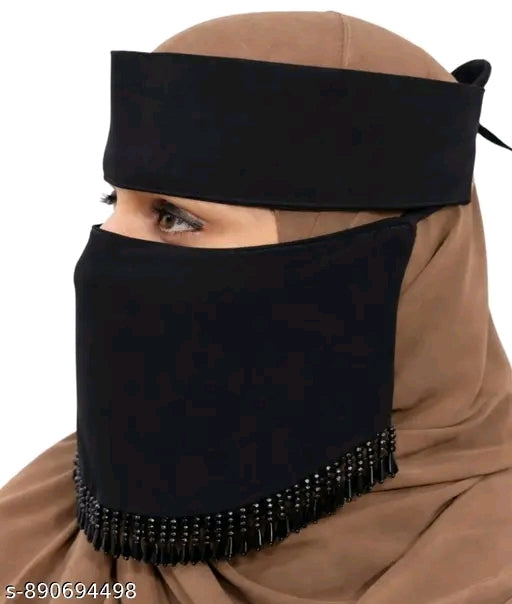 Premium Black Beaded Instant Naqab with Adjustable Headband | Modest Islamic Face Veil for Women | Soft Breathable Nose Patti Niqab