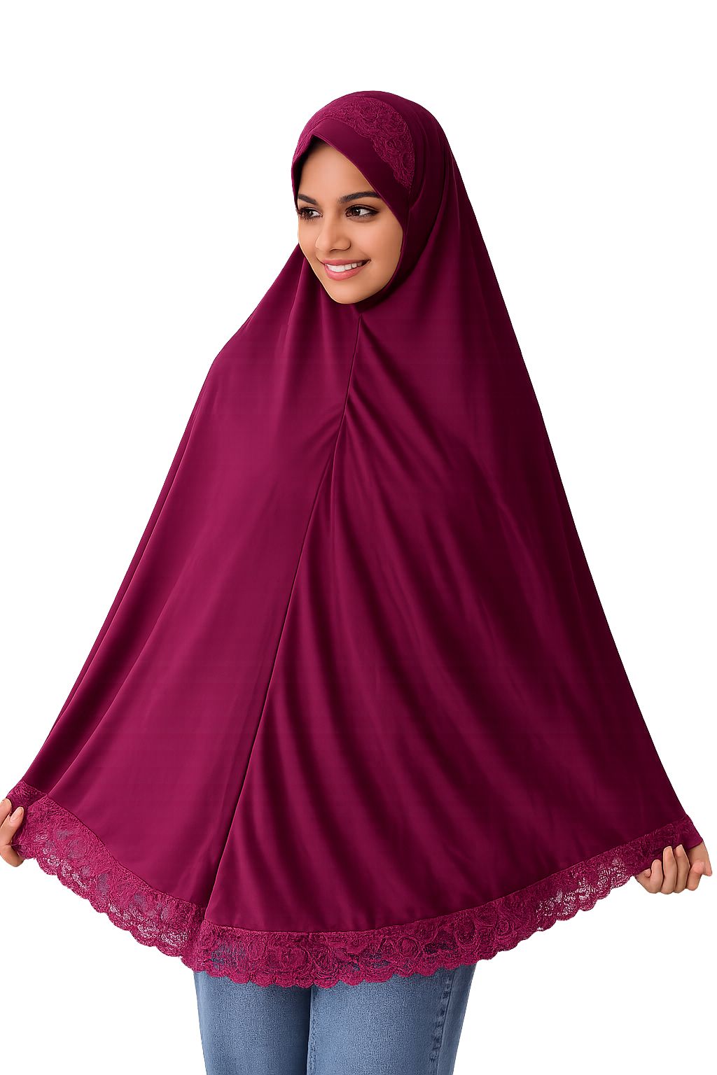 Ayeza Hijab Premium Burgundy Lace Prayer Khimar for Women | One Piece Full Coverage Namaz Hijab | Soft Breathable Islamic Salah Head Cover