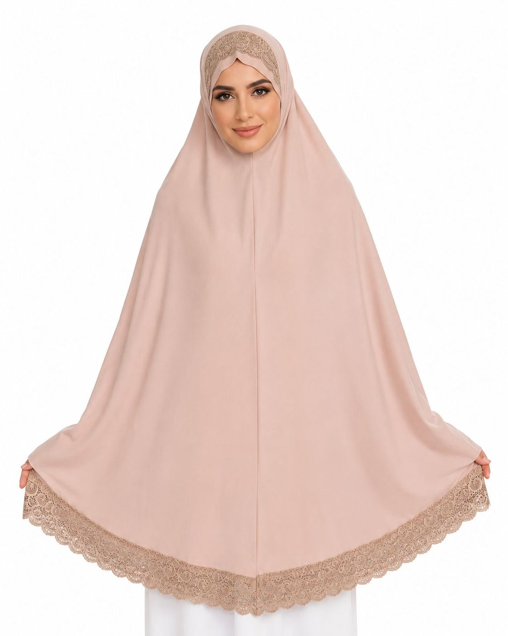 Premium Peach Lace Border Khimar for Women – Free Size Modest Hijab Prayer Wear